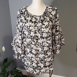 Chaps Pullover Flowy Keyhole Neck Black Pink White Floral 3/4 Sleeve Top Size M